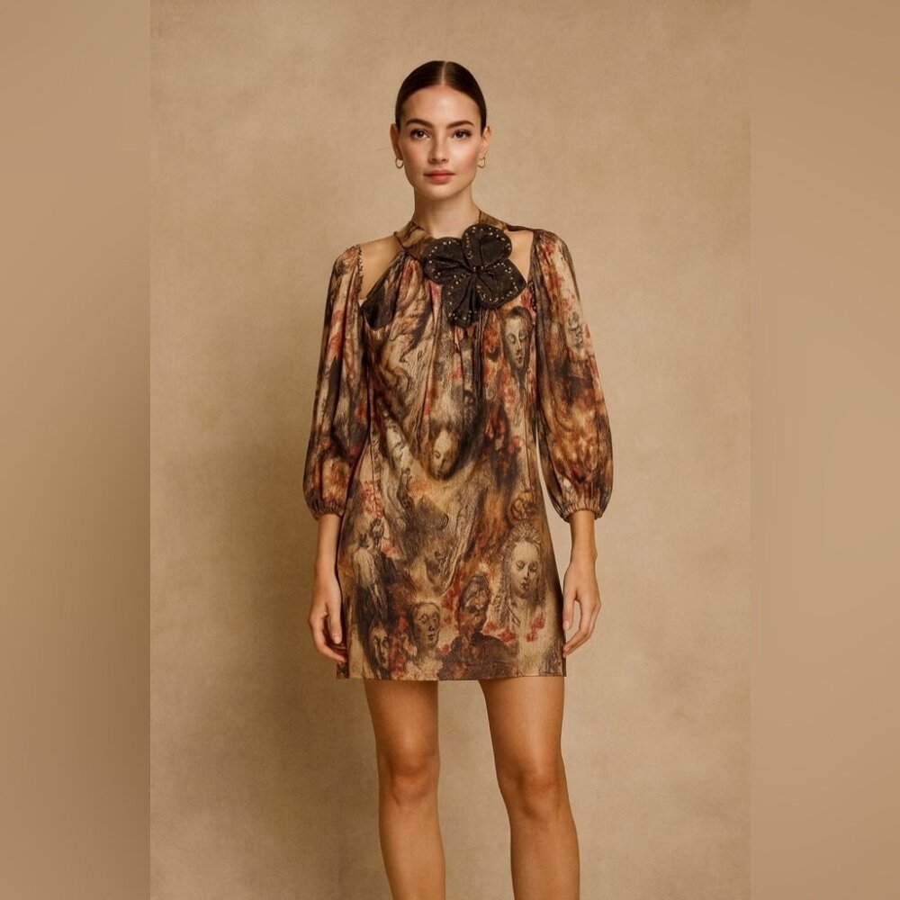 Camelot Art To Wear Face Print Halter Top Brown Beige Size S Boho Mini Dress